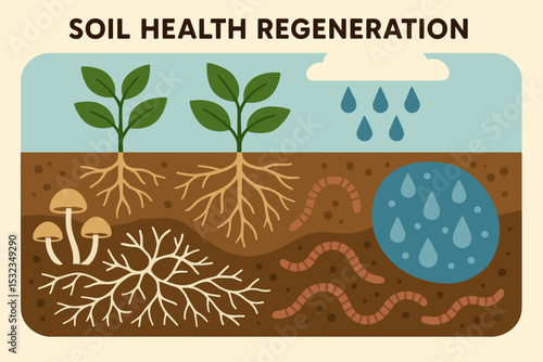 Soil Health Regeneration. Illustration in vector style of soil health regeneration with fungi networks, earthworms, root systems,