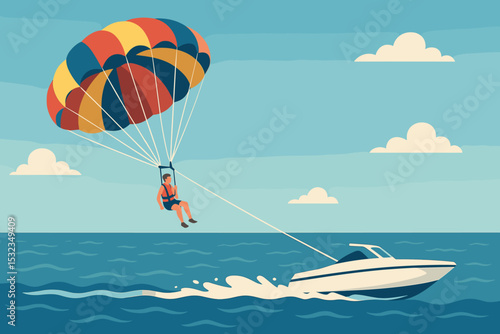 Parasailing Over Open Sea. Vector illustration of parasailing adventure with flying parachute, speedboat below, and open sea