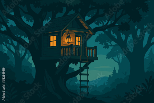 Treehouse Among Ancient Trees. Vector illustration of a treehouse nestled high among ancient trees with rope ladder, soft lantern