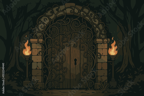 Enchanted Forest Gate. Vector illustration of an old forest gate with iron vines, flickering torches, and hidden keyhole in bark