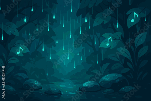 Magical Rainforest Symphony. Vector illustration of a soft rain in a magical forest with glowing raindrops, wet stones, and