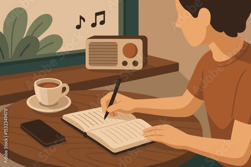 Quiet Cafe Journaling. Vector illustration of quiet solo cafe moment with person journaling beside espresso, phone face-down, and