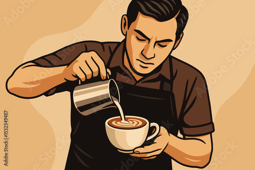 Barista Crafting Latte Art. Vector illustration of barista hand pouring latte art into cup with milk pitcher, apron, and
