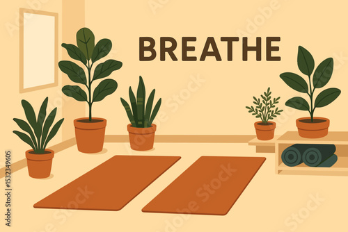 Wellness Corner Retreat. Vector illustration of wellness corner in coworking with yoga mats, plants, and “breathe” signage