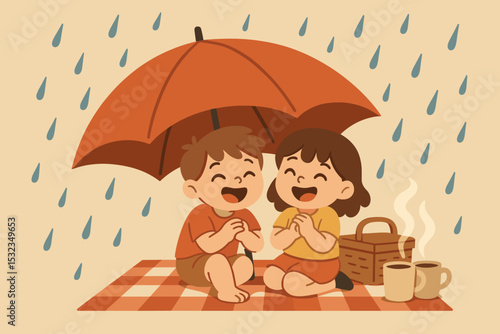Rainy Day Picnic. Vector illustration of picnic rain plan: umbrella pop-up, kids giggling under shelter, and warm tea