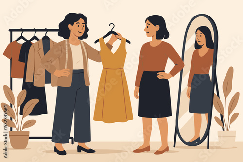 Stylist's Fashion Advice. Vector illustration of fashion stylist assisting client with outfit choice beside full-length mirror