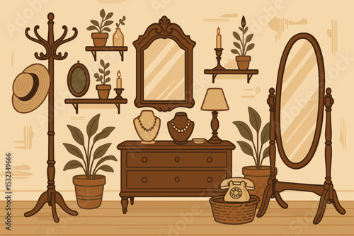 Vintage Boutique Corner. Vector illustration of vintage boutique corner with wooden furniture, antique mirror, and curated finds