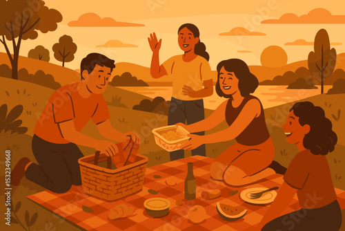 Sunset Picnic Memories. Vector illustration of sunset picnic packing with warm light, leftovers being shared, and memories made