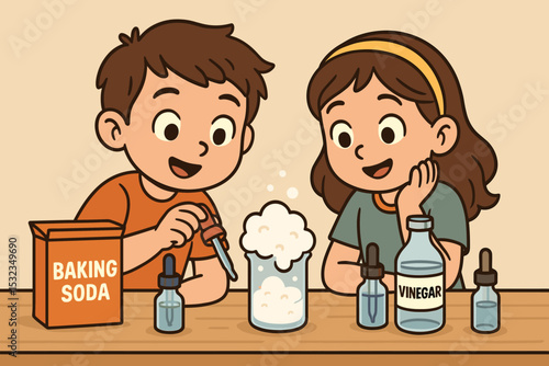 Home Science Fun. Vector illustration of safe home science setup with baking soda, vinegar, droppers, and curious siblings