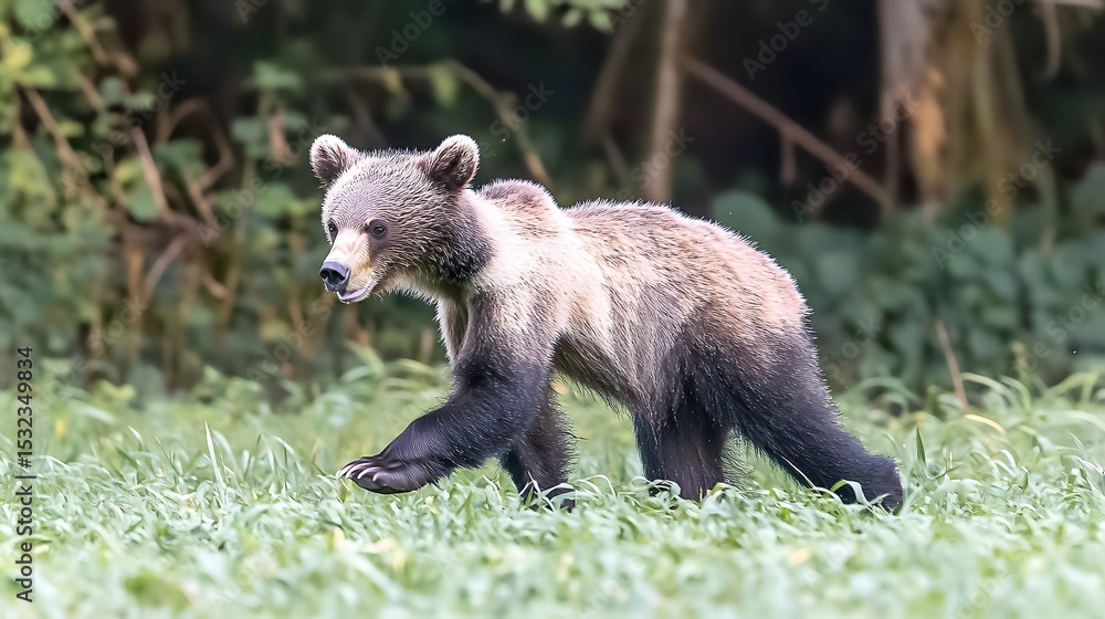 Fototapeta premium Grizzly Bear Cub Walking in Grassland Wildlife Photography