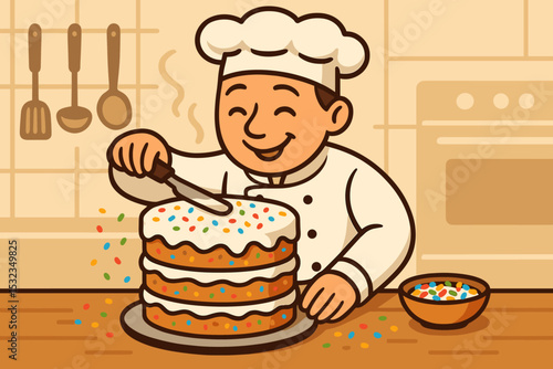 Smiling Baker Moment. Sweet smells all around — Vector illustration of smiling baker icing a multi-layer cake with rainbow