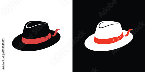 Retro Fedora Hats in Black and White with Red Ribbon Isolated Illustration