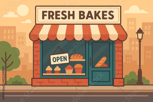 Morning Bakery Opening. Vector illustration of early morning bakery opening with “Fresh Bakes” sign flipped to open and street
