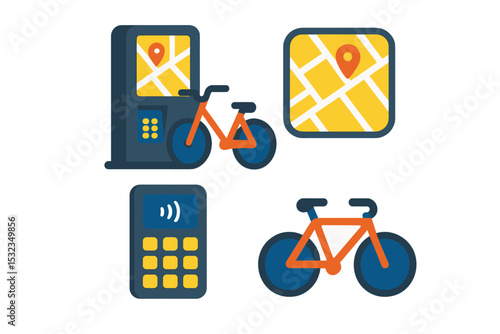 Compact Bike Share Terminal. Isometric flat vector illustration of a compact bike share terminal with map screen, digital payment