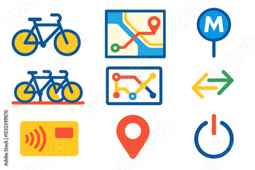 Community Bike Icons. Isometric flat vector illustration of a community bike share stand located near a transit station with map