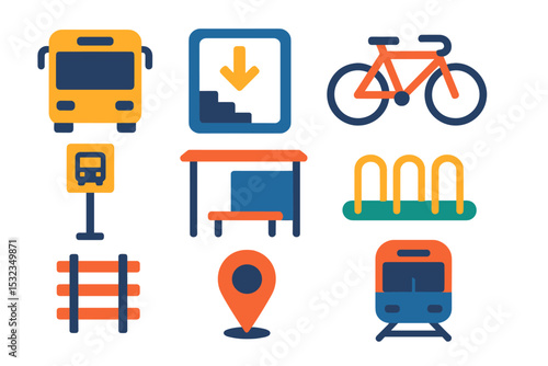 Multi-Modal Transit Icons. Isometric flat vector illustration of a multi-modal transit hub featuring bus lanes, subway entrance,
