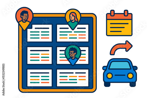 University Carpool Icons. Isometric flat vector illustration of a university carpool board with schedules, student pins, and
