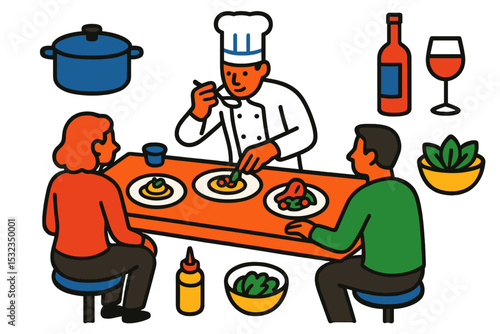 Chef Tasting Experience. Isometric flat vector illustration of a chef’s tasting counter experience with direct plating and guest