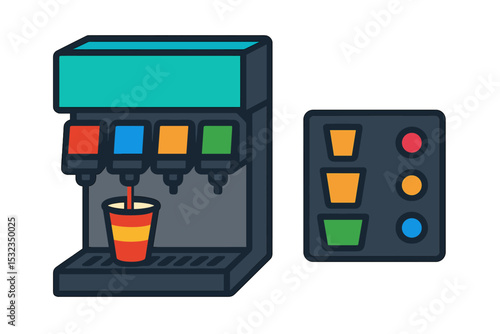 Minimalist Soda Dispenser. Isometric flat vector illustration of a soda dispenser machine with multiple flavor taps and cup size