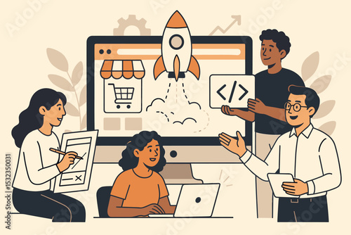 E-commerce Team Launch. E-commerce startup team. Vector illustration of designers, marketers, developers and founders launching a