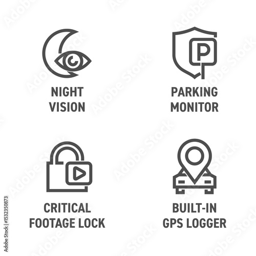 Dash camera icons - Parking monitor, Night vision, GPS logger, Critical lock. in bold line