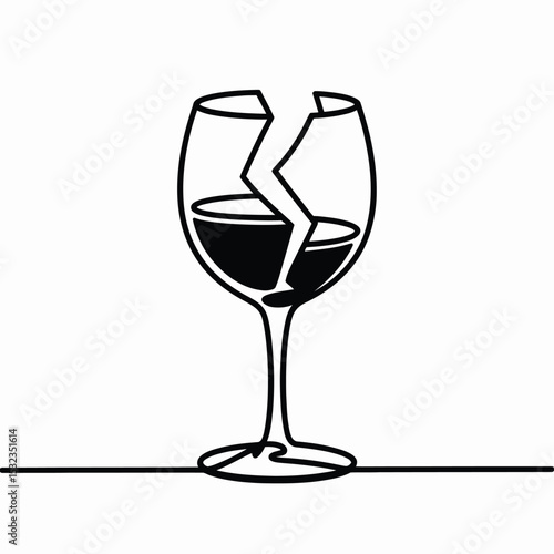 Broken wine glass single line drawing illustration