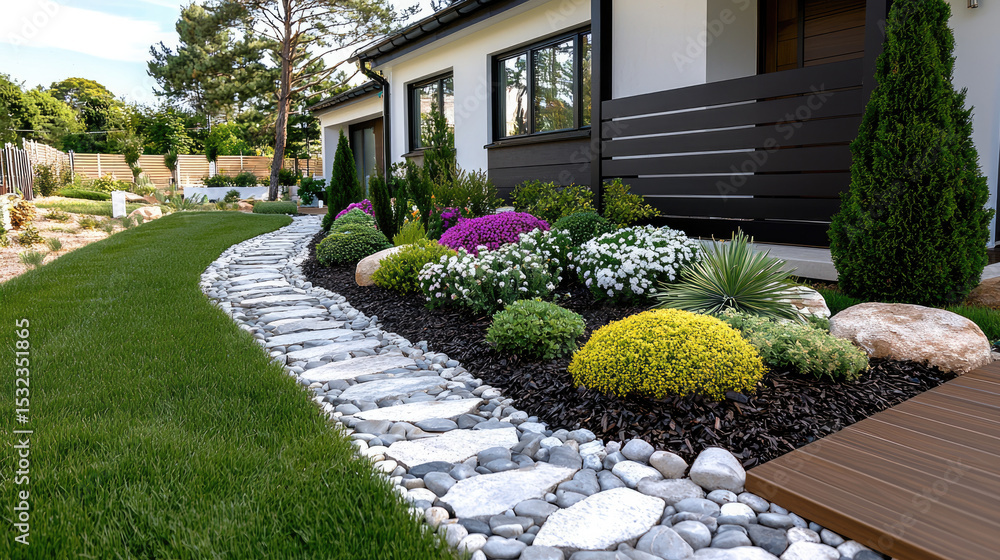 Obraz premium Modern garden with stone path, green lawn, colorful flowers, shrubs, and decorative rocks in front of house