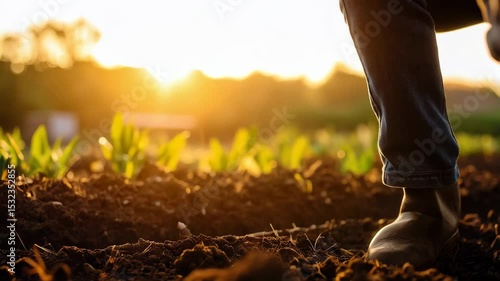 Farmer planting onion bulbs in soil at sunset, wearing jeans and plaid shirt, agriculture and food cultivation concept