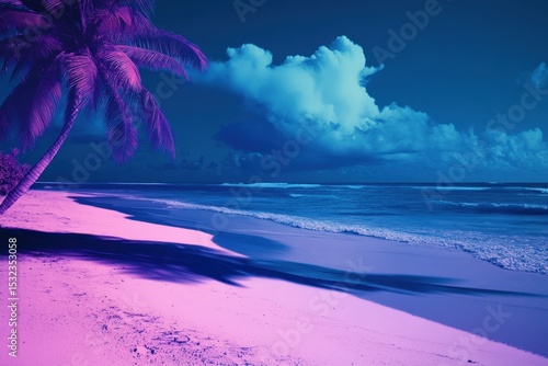 Dreamy Neon Tropical Beach with Palm Trees under Vibrant Sky.