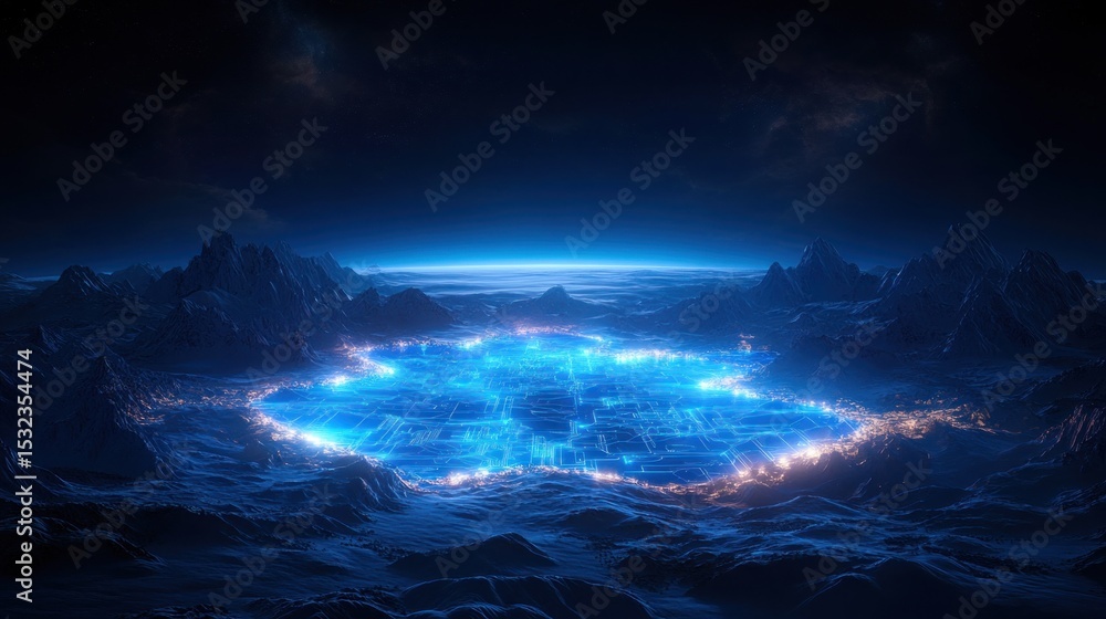 Naklejka premium Futuristic Alien Cityscape: Glowing Circuitry in a Frozen Mountain Valley