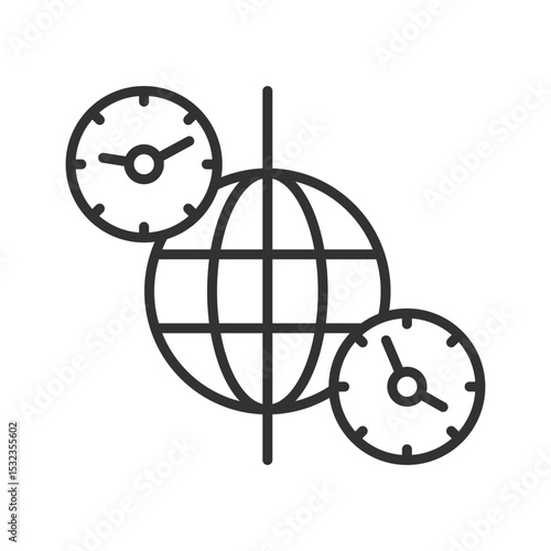 Time zone difference, icon in line design. World clock, global time, time conversion, time coordination, multiple clocks on white background vector. Time zone difference, editable stroke icon