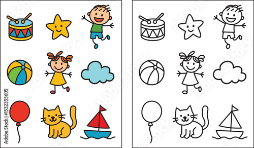 Comparison of colored and black and white drawings of children's toys and figures on white paper