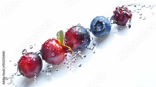 Cranberry blueberry raspberry and blackberry arranged diagonally with dripping water isolated on white backdrop studio lighting enhancing textures cleanly