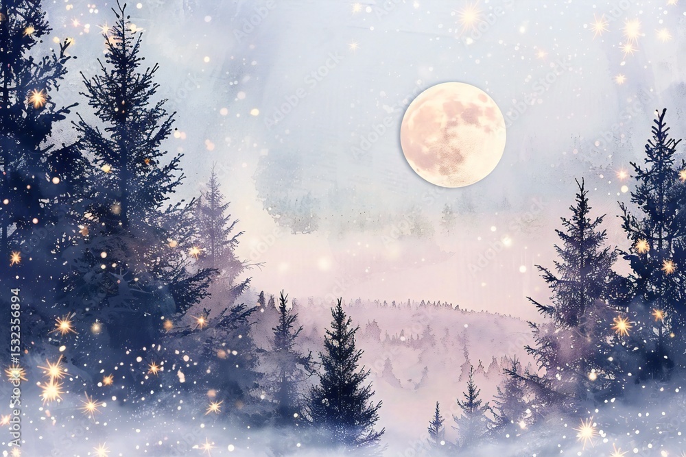 Naklejka premium Winter wonderland scene with full moon and snow.