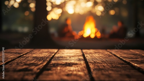 Campfire at night with wooden table in foreground and blurred lights creating a cozy outdoor vibe