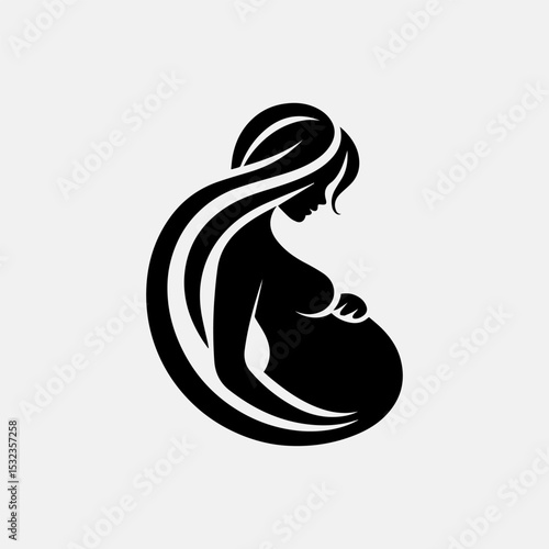 Tender pregnancy vector logo with graceful silhouette of expectant mother embracing her rounded belly in monochrome