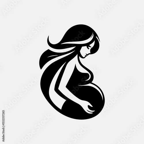 Tender pregnancy vector logo with graceful silhouette of expectant mother embracing her rounded belly in monochrome