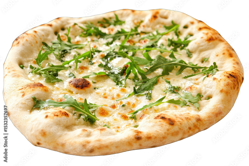 Round, golden-brown pizza with melted white cheese and fresh arugula Round, golden-brown pizza with melted white cheese and fresh arugula