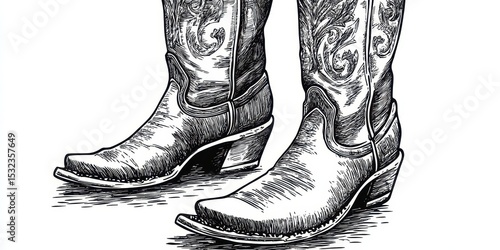 Cowboy Boot Illustration. Woodcut Style Roper Boots for Rodeo Cowboy and Cowgirl Collection