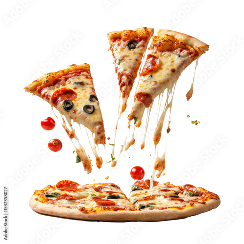 Flying pizza slices with ingredients tomatoes, cheese, sauce in levitation isolated on transparent white background