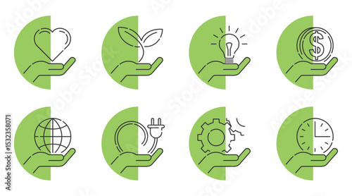 Hand holding diverse symbols - Web icons collection in thin line, semicircular shape