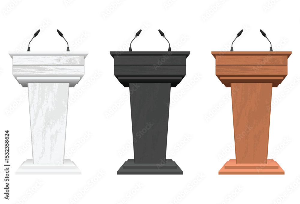 Three wooden podiums stand side-by-side. Each is a unique color - white, black, and brown - all equipped with microphones. Three wooden podiums stand side-by-side. Each is a unique color - white, black, and brown - all equipped with microphones.