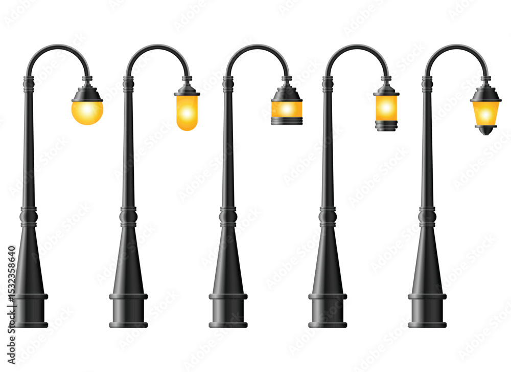 Naklejka premium A row of vintage-style streetlamps stand elegantly against a clean background, each emitting a warm glow and casting interesting shadows.