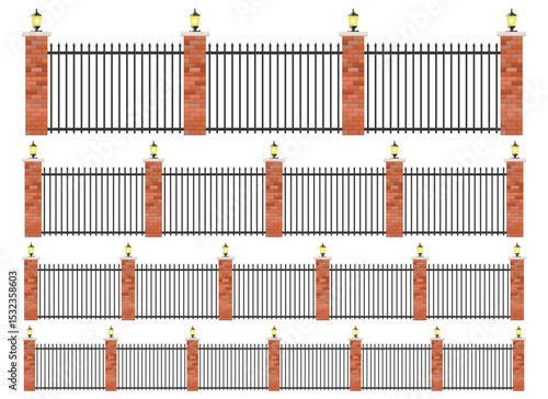 Iron fences with brick pillars, some topped with lights, stand in rows on a white background, creating a geometric, repeating pattern.