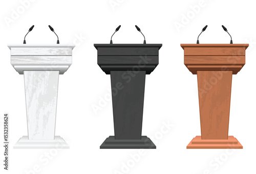 Three wooden podiums stand side-by-side. Each is a unique color - white, black, and brown - all equipped with microphones.
