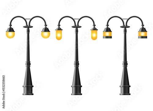 Illustration showing three black vintage-style streetlights with glowing amber bulbs isolated on a white backdrop, creating a clean image.