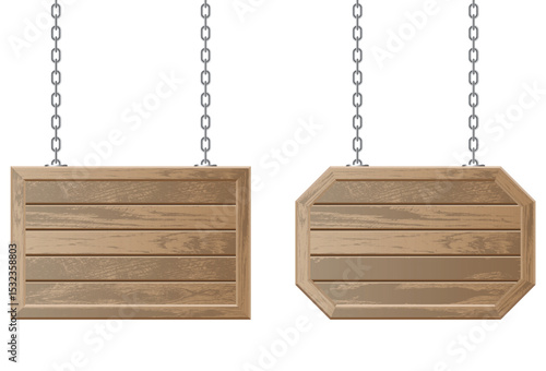 Two empty wooden signs hang from metal chains, providing a rustic touch perfect for custom messages.  