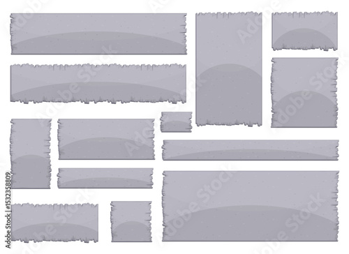 Collection of grey stone slabs and planks with chipped or broken edges, arranged on a white background in varying sizes.