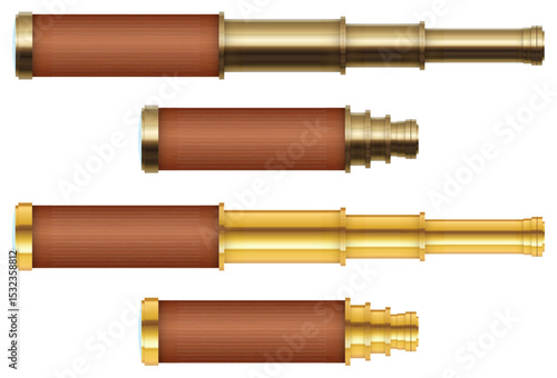 A collection of spyglasses, with a combination of gold and brown leather. These are vintage optical instruments for viewing distant objects.