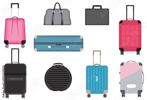 Illustration of luggage. Assortment of colorful bags and suitcases for travel. Rolling suitcases, duffel bag, carry-on and other luggage options.